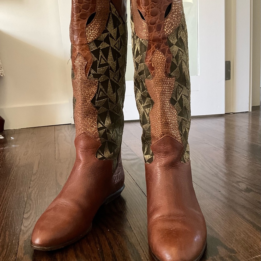 Brown and Green Leather Boots